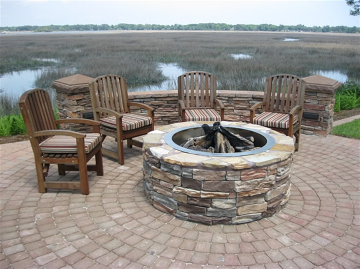 Luna Arch Back Wooden Chair with custom cushions surrounding fire pit By Guy S. of Savannah, GA.